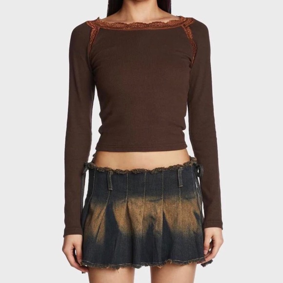 dolls skill med brown y2k early 200s STYLE top with lace / brown top with lace - Picture 2 of 2